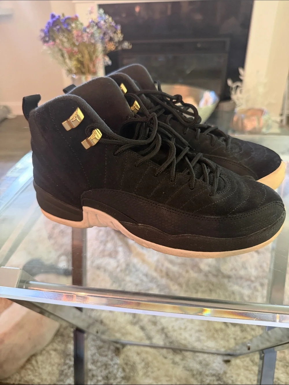 Jordan Men's Black Suede High-Top Sneakers with Gold Eyelets